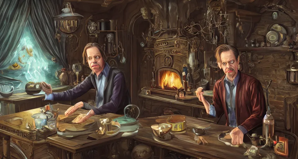 Image similar to a close - up of steve buscemiin a vintage magical kitchen, with a fireplace in the background d & d, fantasy, intricate, elegant, digital painting, artstation, concept art, smooth, sharp focus, sticker illustration