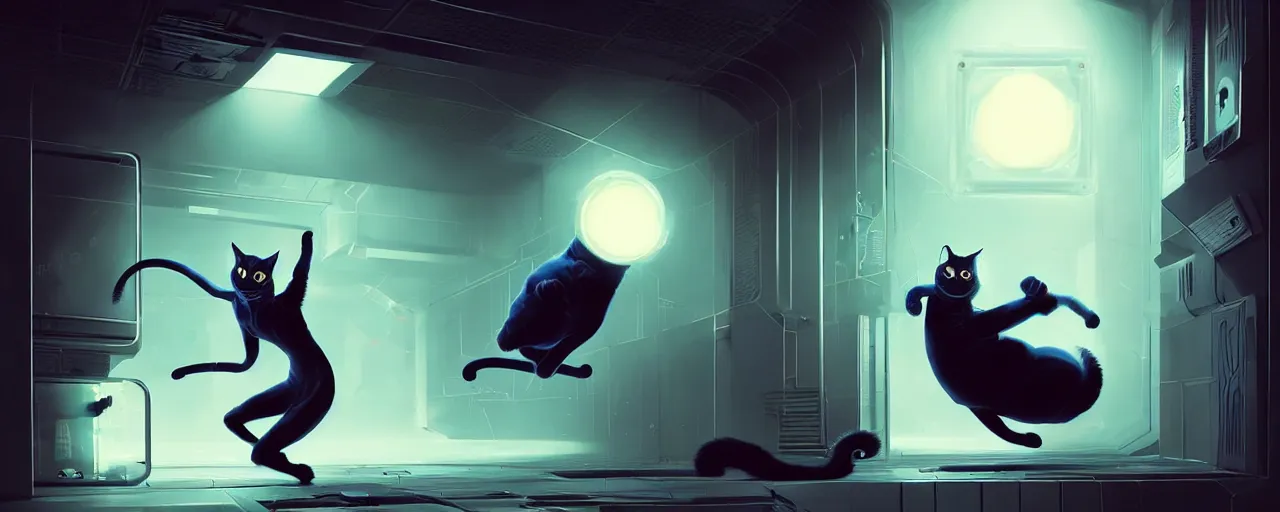 Image similar to duotone noir scifi concept illustration of black cat inside box zero gravity glowing 3 d mesh quantum portals, glowing eyes, octane render, surreal atmosphere, volumentric lighting. accidental renaissance. by sachin teng and sergey kolesov and ruan jia and heng z. graffiti art, scifi, fantasy, hyper detailed. trending on artstation