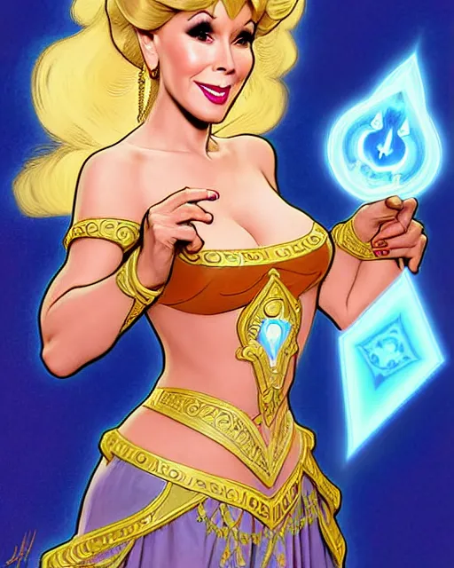 Prompt: barbara eden's jeannie as the genie of ai artwork, comic cover painting, masterpiece artstation. 8 k, sharp high quality artwork in style of wayne reynolds, alphonse mucha, arthur adams, greg rutkowski, and don bluth, concept art by jack kirby, blizzard warcraft artwork, hearthstone card game artwork