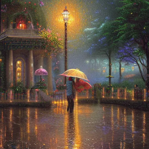 Prompt: the rain by thomas kinkade and alex grey, highly detailed, 8 k, oil on canvas, intricate