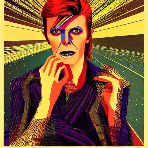 Image similar to beautiful portrait of David Bowie, impressive colorful artwork, many details, high contrast, 4K, by Harry Clarke, Ilya Kuvshinov, James Abbott McNeill Whistler