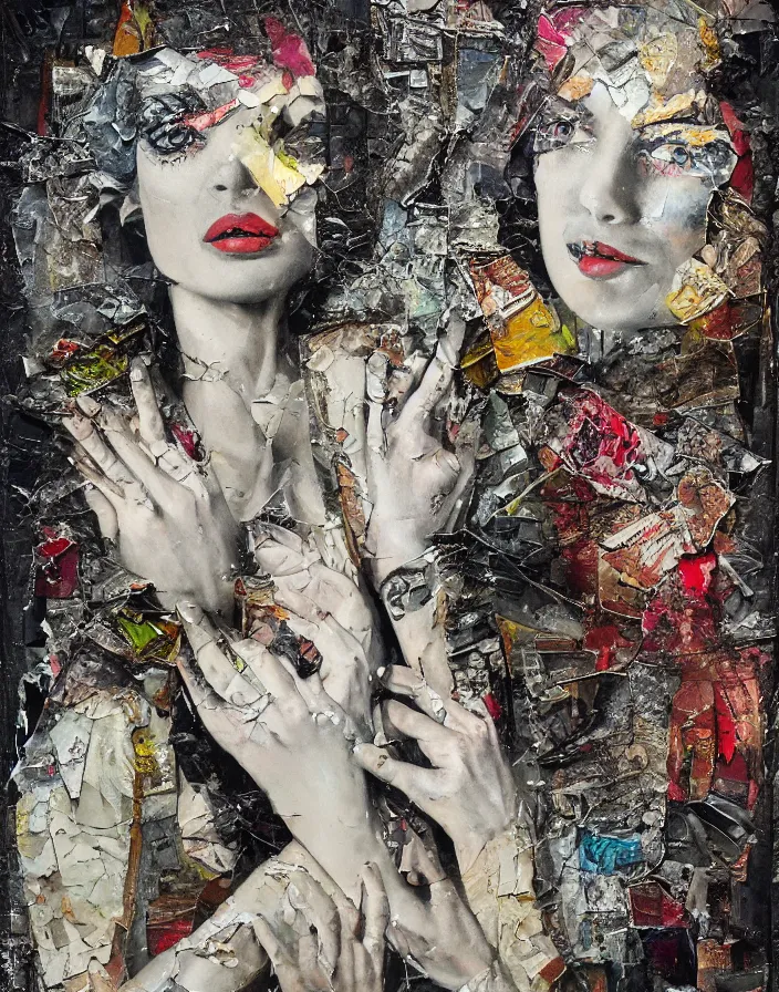 Prompt: glamorous and emotional divine mindblowing, detailed mixed media collage with canvas texture in style of contemporary art, punk art, realism, realistic photo, expressionism, masterpiece, spectacular quality, intricate oil details, broken glass photo, torn paper intricate texture, large cracks, liquid glue spots