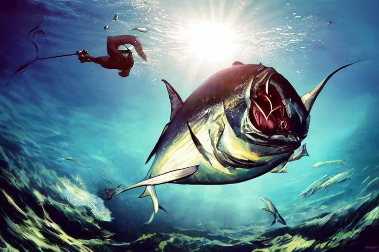 Image similar to incredible screenshot of an underwater diverr, dynamic camera angle, deep 3 point perspective, fish eye, dynamic extreme foreshortening of the giant tuna fish he has speared, , sunlight rays shine through the water illuminating the fish, by phil hale, ashley wood, geoff darrow, james jean, 8k, hd, high resolution print