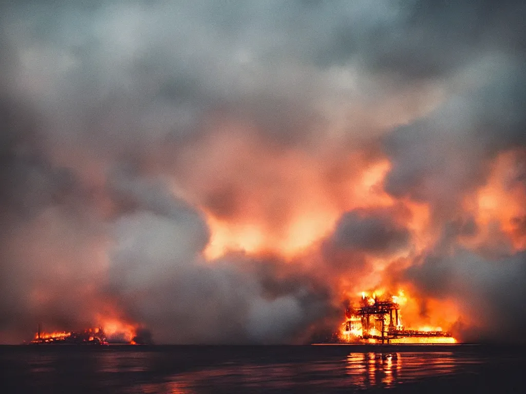 Image similar to “photography of oil rig on fire , fog, night, mood, atmospheric, full of colour, digital photography”