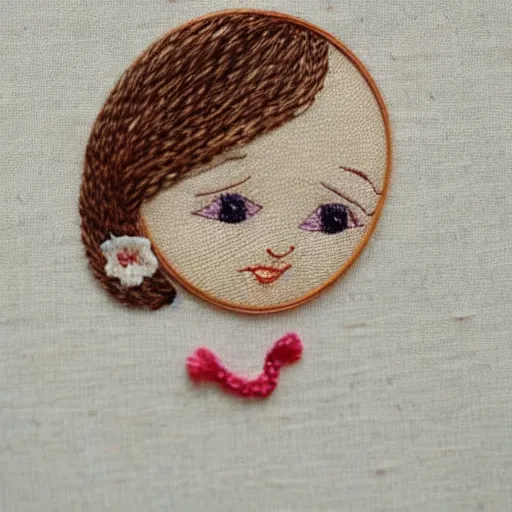 Image similar to a tiny beautiful handmade embroidery of a little girl with brown curly hair. hand embroidery.