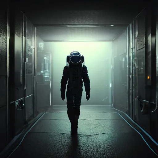 Prompt: a cyberpunk industrial astronaut walking through dark spaceship corridor, 8k, film still, ALEXA 65