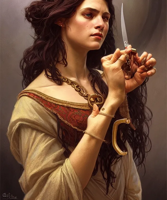 Prompt: portrait of biblical delilah holding a lock of hair and medieval shear scissors, intricate, headshot, highly detailed, digital painting, artstation, concept art, sharp focus, cinematic lighting, illustration, art by artgerm and greg rutkowski, alphonse mucha, cgsociety