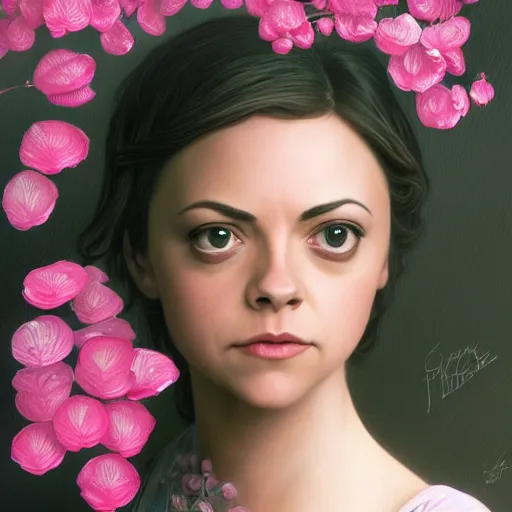 Image similar to pink petals with a ahape of a wonderful aubrey plaza and christina ricci and mila kunis and olivia newton john, intricate, elegant, highly detailed, wonderful eyes, sweet, digital painting, artstation, concept art, smooth, sharp focus, illustration, art by artgerm and greg rutkowski and alphonse mucha and william - adolphe bouguereau