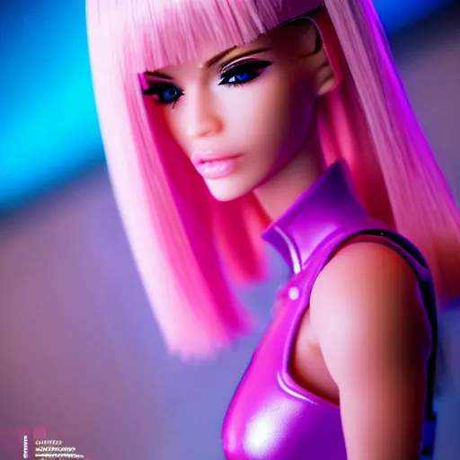 Image similar to cinematic, full shot, realistic cyberpunk barbie, blond hair brown skin, barbie cyborg, perfect face, perfect body, plastic skin, mattel, pink latex short dress with led, ghost in the shell, hajime sorayama, h 7 6 8