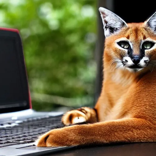 Prompt: cute caracal cat watching a laptop, realistic