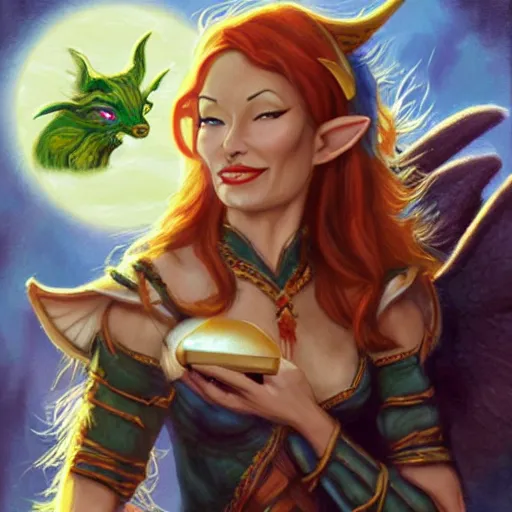 Image similar to Character portrait, face close up: Half Elf Female Celestial Warlock (with imp familiar). Tori Amos avenging angel. In the style of Ralph Horsley