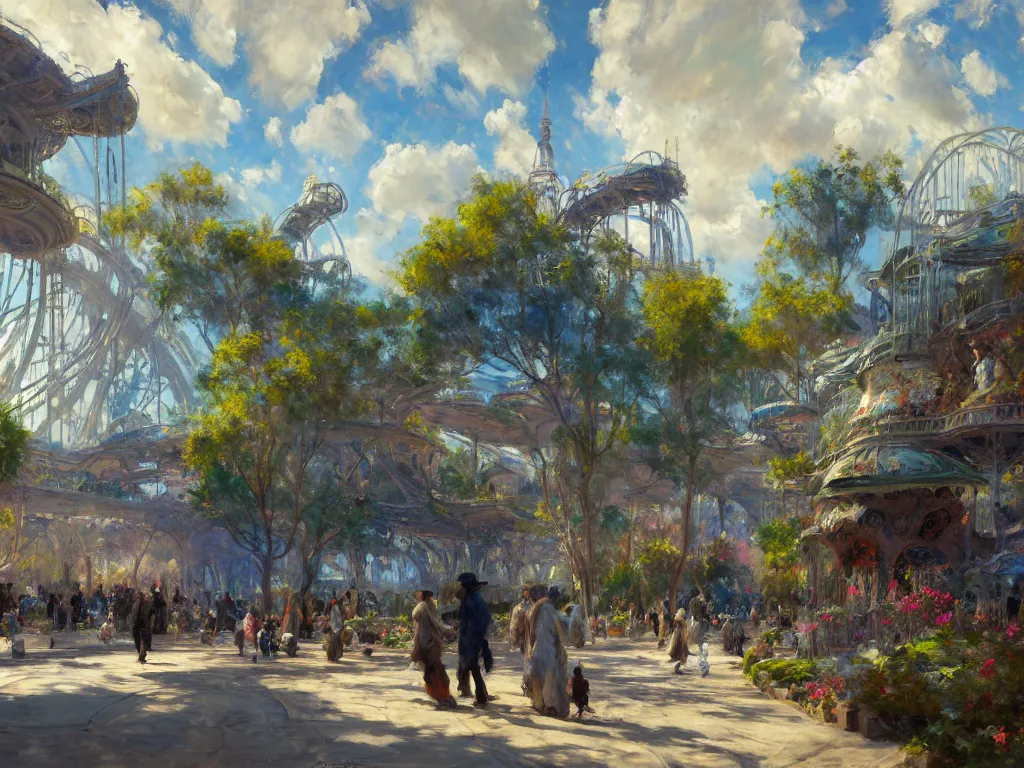 Image similar to impressionist brushstrokes!!!! solomon joseph solomon and richard schmid and jeremy lipking victorian loose genre loose painting of a busy elaborate ornate outdoor sci - fi park, cinematic, shadows, partly cloudy day, 4 k, detailed, by zaha hadid and peter jackson and ridley scott and beeple and greg rutowski