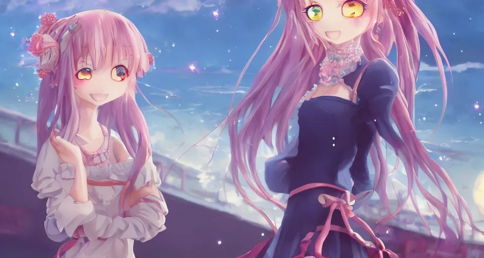 Prompt: one anime girl standing on a pier, blue shiny detailed eyes, looking at the camera, cute, the ocean as background at twilight, big moon above the water, colorful, magical, smooth, extremely detailed, detailed face, 8k, based on Puella Magi Madoka Magica