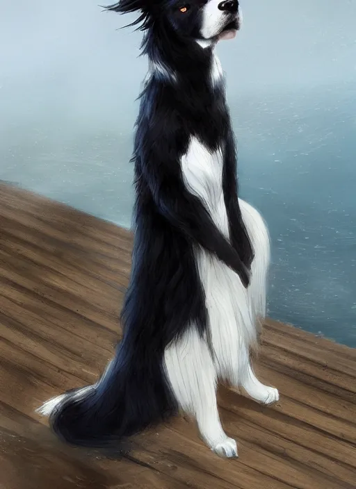 Prompt: wide angle beautiful full body portrait of a strong male anthropomorphic anthro border collie fursona in an evening gown on a pier on a lake at night, character design by charlie bowater, henry asencio, and ross tran, disney, detailed, aesthetic, trending on artstation, furaffinity, deviantart