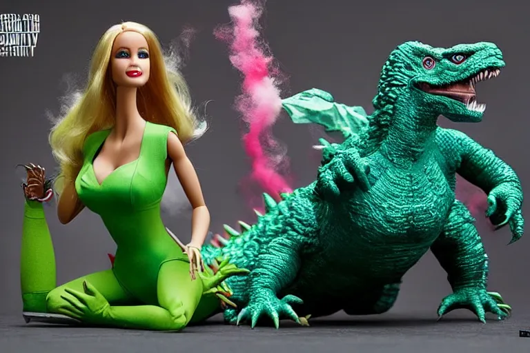 Image similar to Godzilla tea party with Barbie, plastic barbie doll, green rubber suit godzilla, by Alberto Seveso