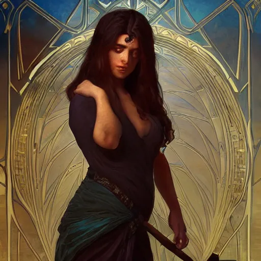 Image similar to A seductive twenty year old Mesopotamian witch in training, in a major Mesopotamian city, highly detailed, digital painting, artstation, concept art, sharp focus, illustration, cinematic lighting, art by artgerm and greg rutkowski and alphonse mucha