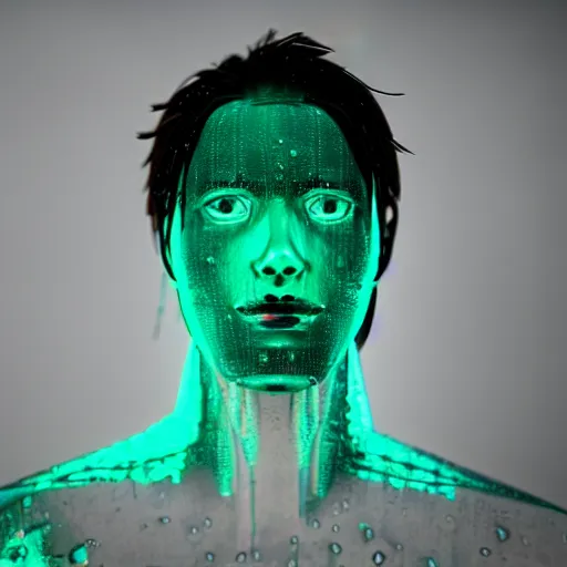 Image similar to a human made out of rain, neon, rendered in octane, unreal engine, realistic