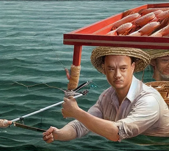 Prompt: Tom hanks as forrest gump fishing for shrimp in a giant shrimp boat, realistic face, renaissance painting, amazing detail