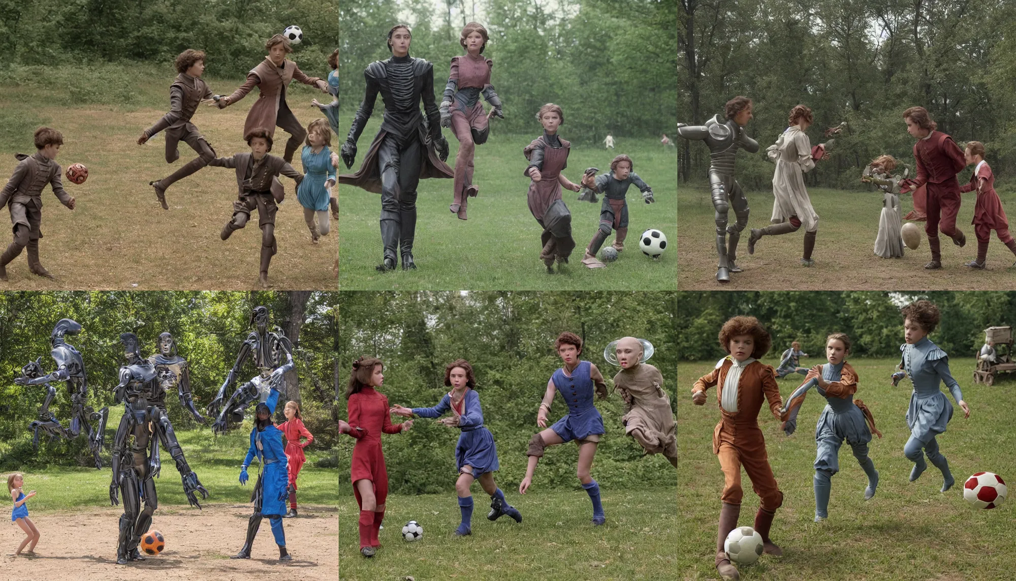 Prompt: sharp, highly detailed, 435456k film, 1612800mm film still from a sci fi blockbuster color movie made in 2019, set in 1860, of a girl and a boy playing soccer with an humanoid alien, in a park on an alien planet, wearing 1860s era clothes, good lighting, good photography, ultra high definition, in focus, 35mm macro lens