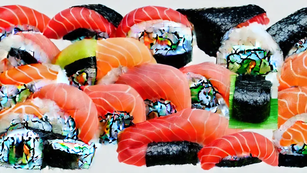 Image similar to an arrangement of sushi, a collage painting, in the style of wes anderson, lola dupre, david hockney, isolated on negative white space background dark monochrome neon spraypaint accents volumetric octane render