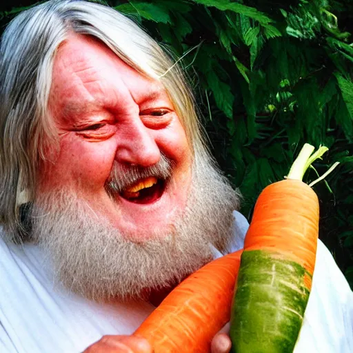 Image similar to robert wyatt chewing on a comically large carrot, photograph, highly detailed