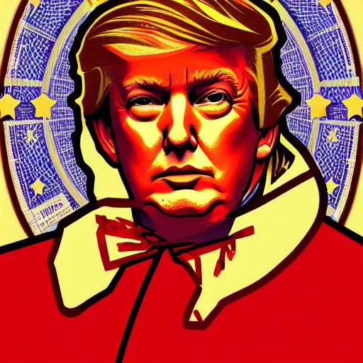 Image similar to Portrait of Trump wearing a red suit, illustrated by Alphonse Mucha, yellow stars, award-winning digital art, 4k resolution,