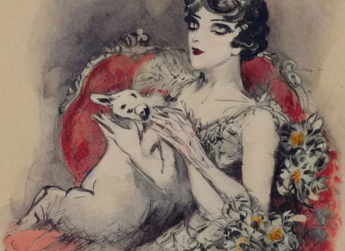 Prompt: Louis Icart, an old elaborate colored drawing of a woman laying eloquently on a sofa holding a puppy, wearing flowing dress with floral motifs, by Louis Icart, highly detailed, masterpiece