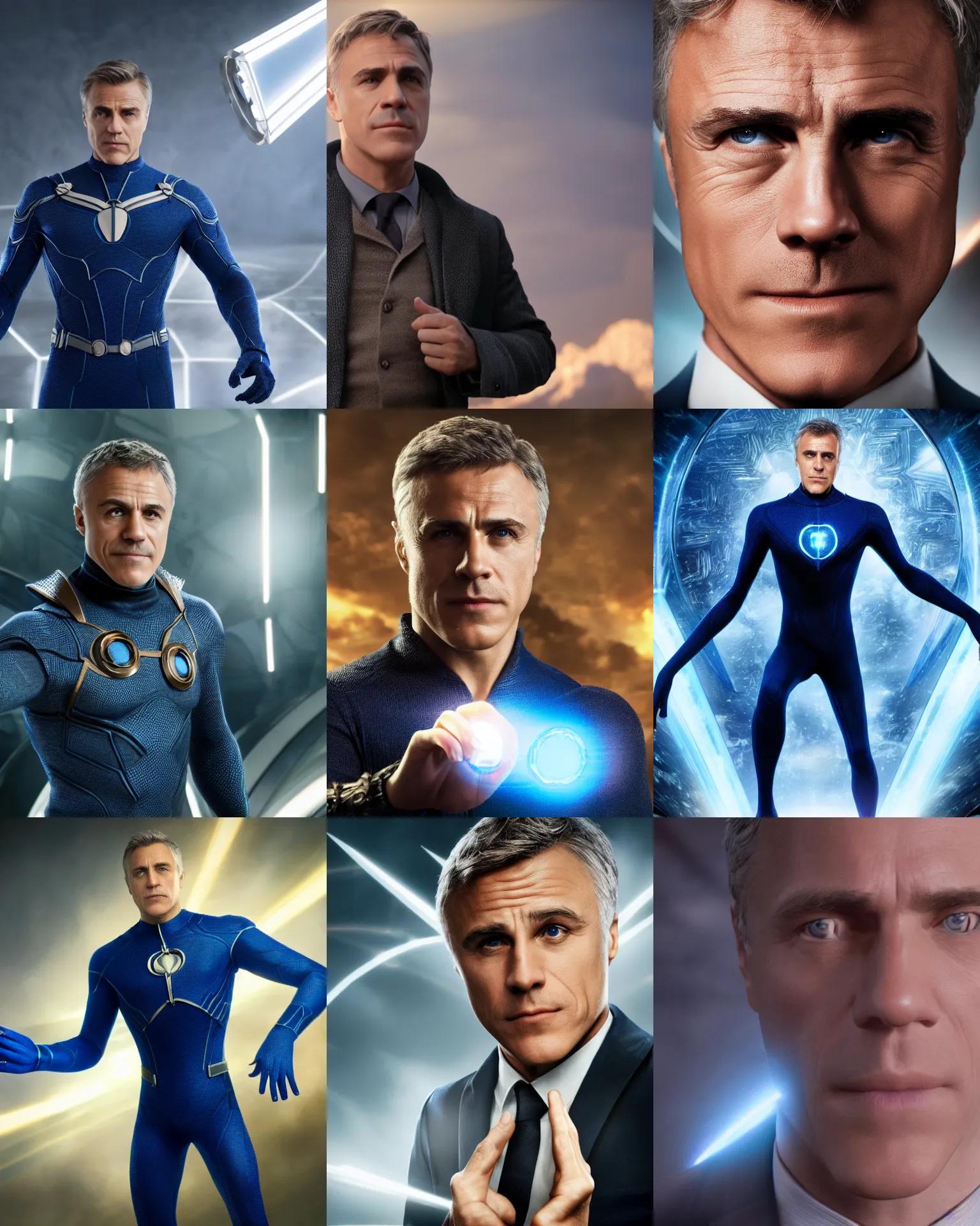 Prompt: Christoph Waltz as Mr Fantastic, Reed Richards, dynamic lighting, realistic, 8k HDR