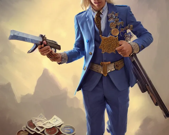 Image similar to photography of a blonde man in a blue suit with medals on it wielding a sword and pistol, deep focus, d & d, fantasy, intricate, elegant, highly detailed, digital painting, artstation, concept art, matte, sharp focus, illustration, hearthstone, art by artgerm and greg rutkowski and alphonse mucha