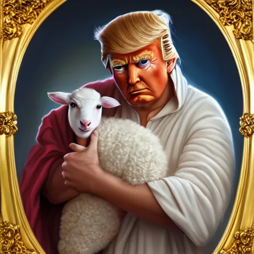 Image similar to a detailed fantasy character painting of Donald Trump holding a lamb, dressed like Jesus Christ, by lauri blank, artgerm, evelyn de morgan, 8K, 50mm lens