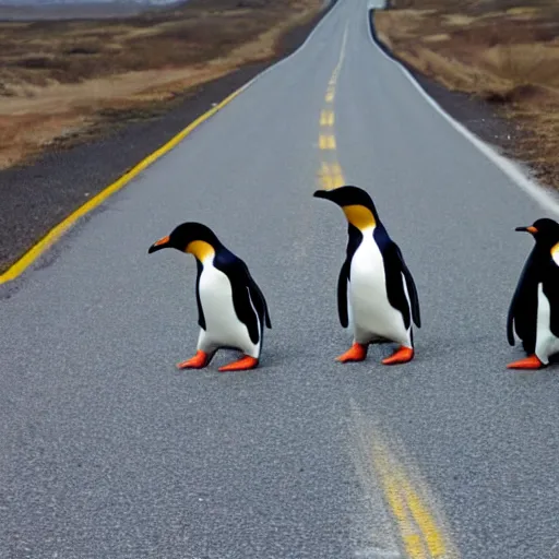 Image similar to penguins in bandanas walking across the road