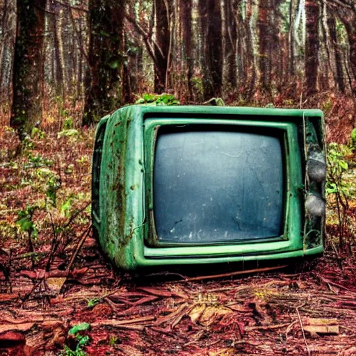 Image similar to a 1970's television abandoned in a forest, overgrown with vines, 4k, realistic