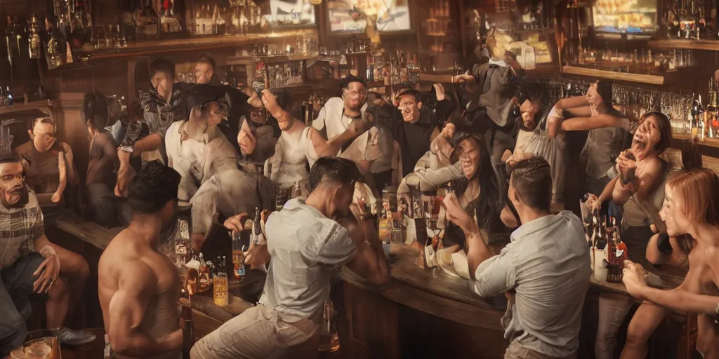 Image similar to a photo of a bar fight inside a pub between people of diverse ethnicities, Leica, symmetrical faces, muscles, detailed faces, accurate faces, 4k, 3D render, hyperrealism, editorial, photorealistic, crisp details, sharp focus, wide angle lens, octane render, cinematic lighting