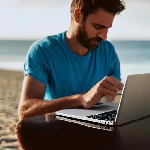 Prompt: photo of man working on laptop at beach, perfect face, fine details, 4 k, bokeh