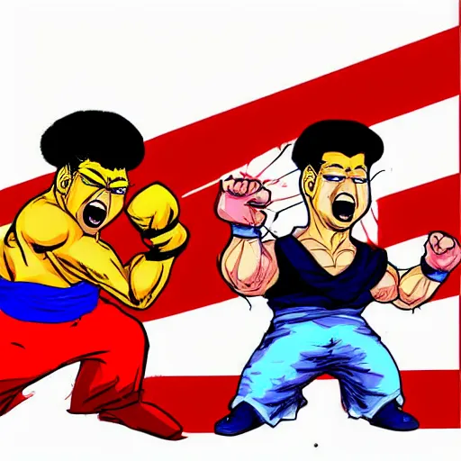 Image similar to donald trump vs xi jinping street fighter duel, fight, digital art, cartoon