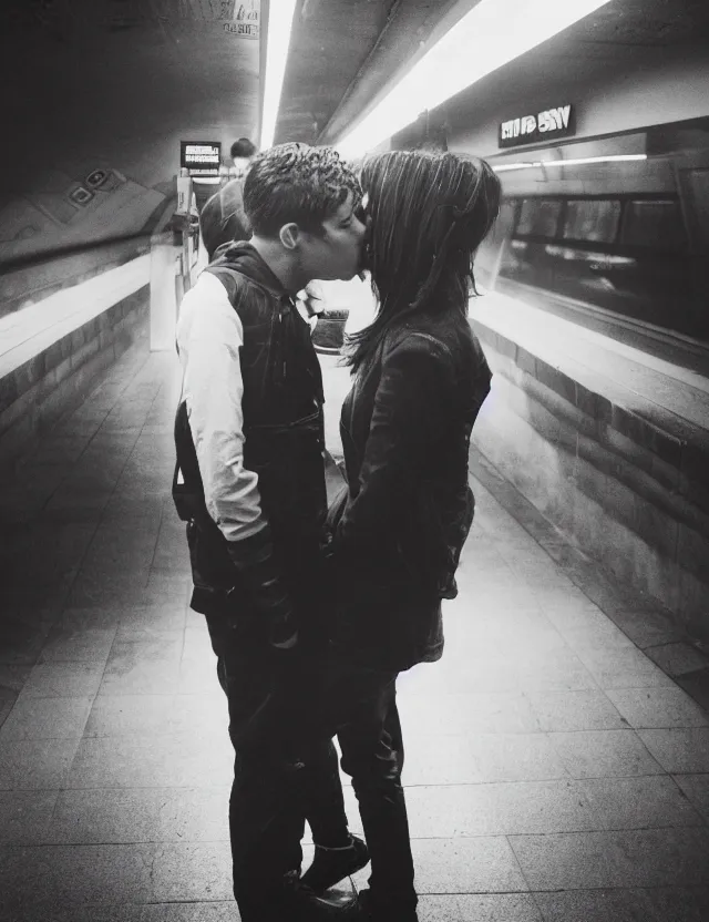 Prompt: couple of boy and girl kiss in a subway underground, radiates strong aura light, wide angle polaroid photograph with flash, kodak film stock, hyper real, stunning moody cinematography, with anamorphic lenses, by maripol, detailed