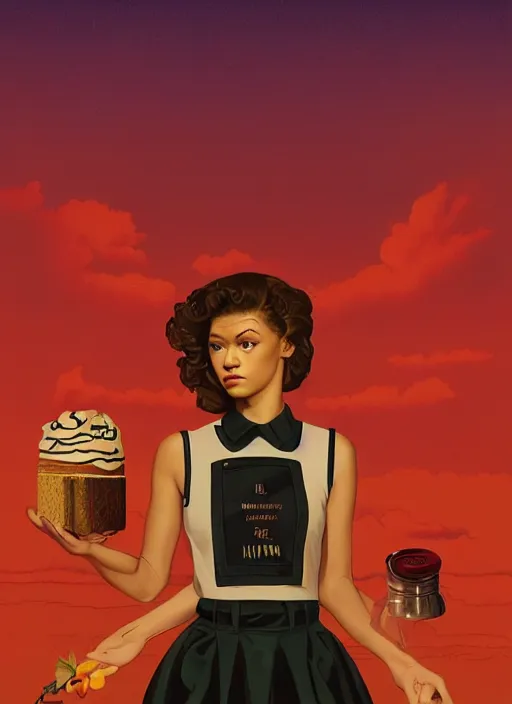 Image similar to poster artwork by Michael Whelan, Bob Larkin and Tomer Hanuka, Karol Bak of Zendaya is a high school student working at the diner wearing waitress dress, from scene from Twin Peaks, simple illustration, domestic, nostalgic, from scene from Twin Peaks, clean