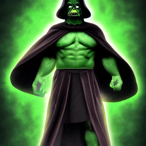 Prompt: sith hulk with dark robe and yellow glowing eyes, green lightning, digital art