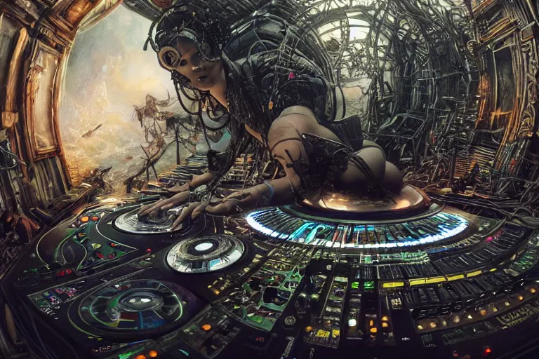 Image similar to a fisheye lens photo of a post apocalyptic tribal cyborg dj tweaking and playing synthesizers in the most complicated and technical spiral fractal musical studio, powerful, cinematic, beautifully lit, by donato giancola, by artgerm, by karol bak, 3 d, perfect face and body, trending on artstation, octane render, 8 k