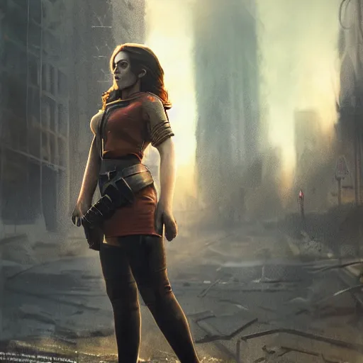 Image similar to fallout 5, charismatic beautiful rugged brunette female protagonist, portrait, outdoors ruined cityscape, atmospheric lighting, painted, intricate, volumetric lighting, beautiful, daytime, sunny, slight overcast weather, sharp focus, deep colours, ultra detailed, by leesha hannigan, ross tran, thierry doizon, kai carpenter, ignacio fernandez rios