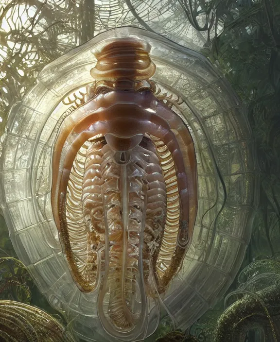 Image similar to intricate opulent transparent clear see - through portrait of a horrific beautiful male human isopod nautilus, mottled coloring, adorable, childlike, overgrown biopunk jungle environment, ultra realistic, concept art, art nouveau, photorealistic, octane render, 8 k, unreal engine. art by christopher marley and artgerm and greg rutkowski and alphonse mucha