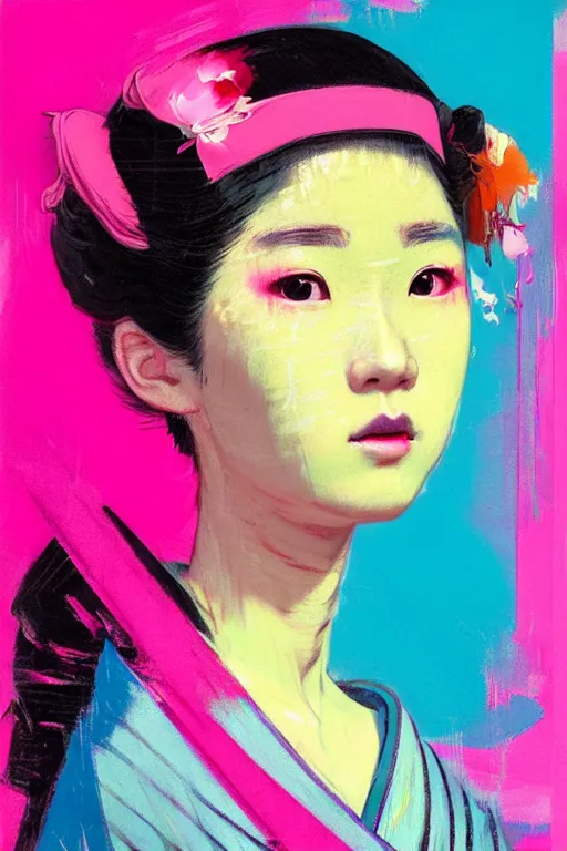 Prompt: portrait of a stylized japanese young geisha, painted in acrylic, pigment textures, in the colors hot pink and cyan, beautiful realistic face, rule of thirds, spotlight, by greg rutkowski, by jeremy mann, by francoise nielly, by van gogh, by ross tran, in focus