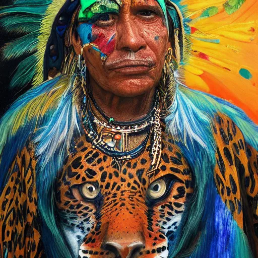 Image similar to the painting of a shaman turning into a jaguar 4 k render