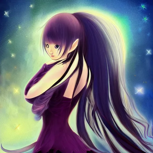 Image similar to digital painting of a long hair anime lady ELF dancing in the moonlight l by Sakimichan