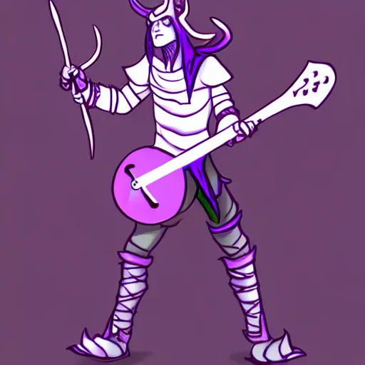 Prompt: a purple tiefling bard with long white horns wearing light armor and carrying a guitar as drawn by the sketch goblin and thesketchgoblin