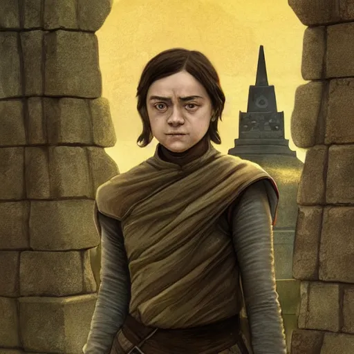 Prompt: arya stark, 1 6 years old, at borobudur, mucha, artstation