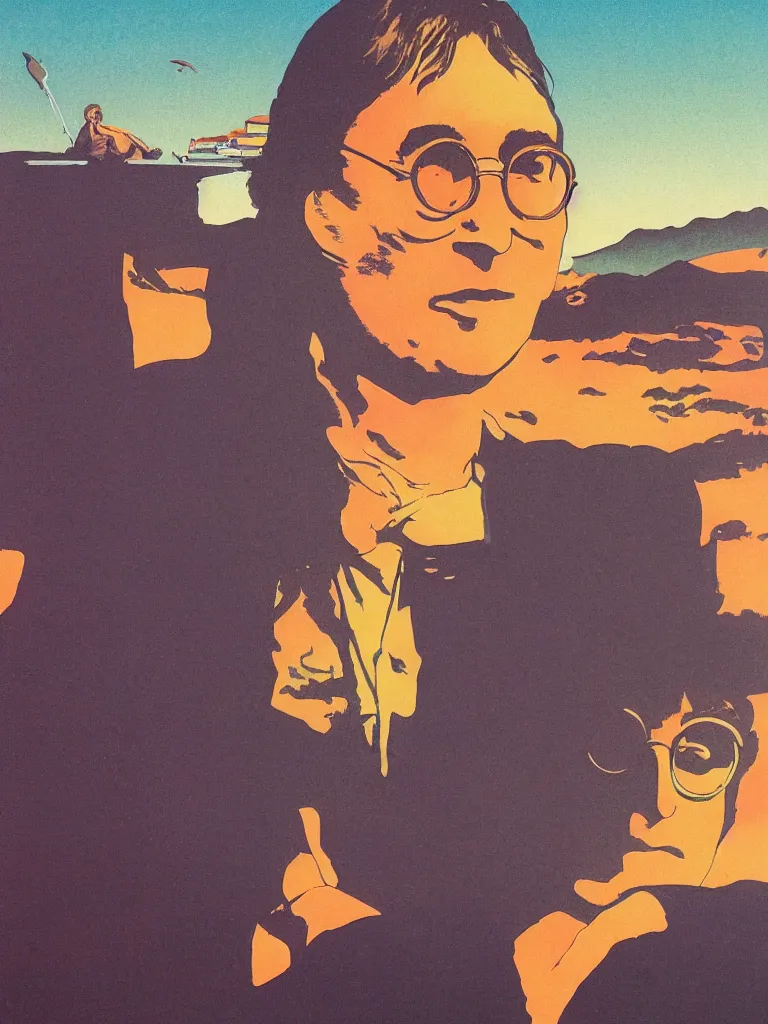 Image similar to a closeup portrait of john lennon next to a ufo, taking mind altering drugs, a blotter paper of lsd acid and dreaming psychedelic hallucinations in a vast desert landscape, by kawase hasui, moebius, edward hopper, colorful flat surreal design, dramatic lighting, hd, 8 k, artstation