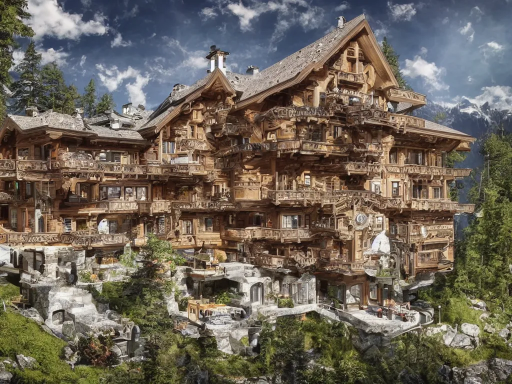 Image similar to Beautiful Swiss chalet built on a landscape of an intricate watch mechanism, cogs, gears, gearwheels, levers, jewels, shiny silver, shiny gold, engraved metal, architectural render, futuresynth, by Gabriel Dawe, by Skottie Young, by Jessica Rossier, by Isaac Cordal, Rolex, Breitling, Hublot, Jacob & Co, Tag Heur, (steampunk)