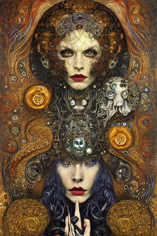 Image similar to Memento Mori by Karol Bak, Jean Deville, Gustav Klimt, and Vincent Van Gogh, beautiful visionary mystical portrait, calavera, otherworldly, fractal structures, ornate gilded medieval icon, third eye, spirals, jeweled calavera by Jean Delville