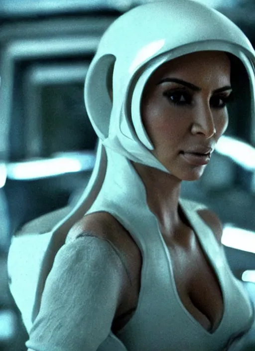 Image similar to movie still of kim kardashian with a alien facehugger face, in the movie alien. cinematic full shot.